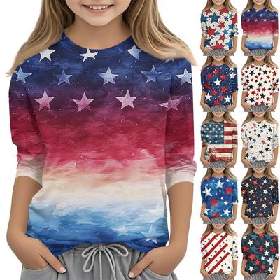 Children's 7-point Sleeve Printed Independence Day Crew-neck Casual T-shirt