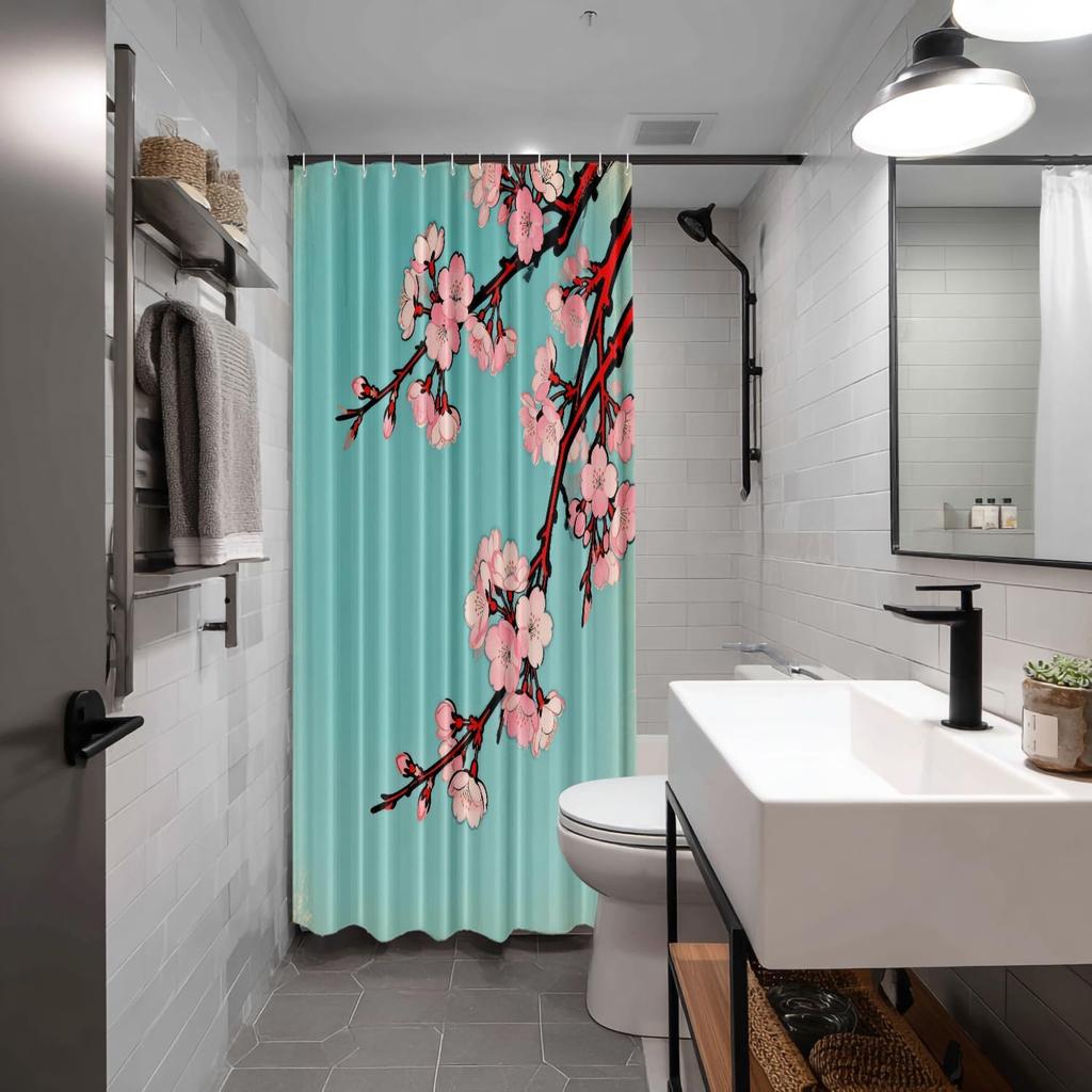 Pink Cherry Blossom Branch Print Waterproof Shower Curtain 180x200cm - Japanese Style Art Print Bath Curtain for Home Decor