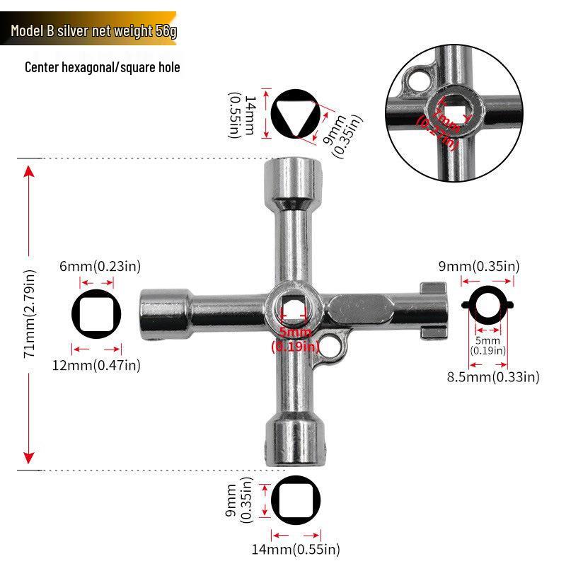 Multi-size Cross Electrical Cabinet Triangle Key Wrench for Elevator, Water Meter, Square and Round Holes