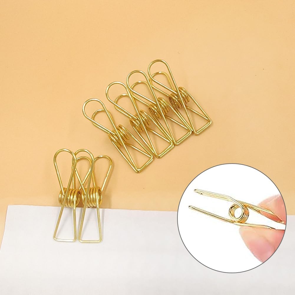 Rurili 20 Pieces Metal Wire Hollow Out Multi-Purpose Utility Clips Invoice Bill Paper Clips Clothesp Hanging Clips for Office School Home Use (Gold)