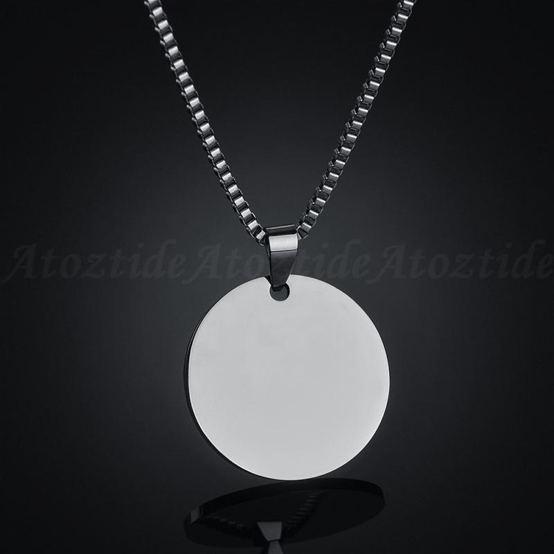 Atoztide Personalized Round Brand Engrave Name Necklace Stainless Steel Words Letter Picture Box Chain Birthday Jewelry Gift
