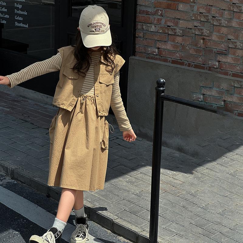 Girls Dress Set Spring Autumn Children's Long-sleeved Striped Dress and Vest Suits Fashion Splicing Kids Clothes Outfits