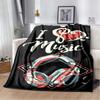 Vintage "I Love Music" Print Flannel Blanket, Retro Headphone & Heart Throw Blanket
