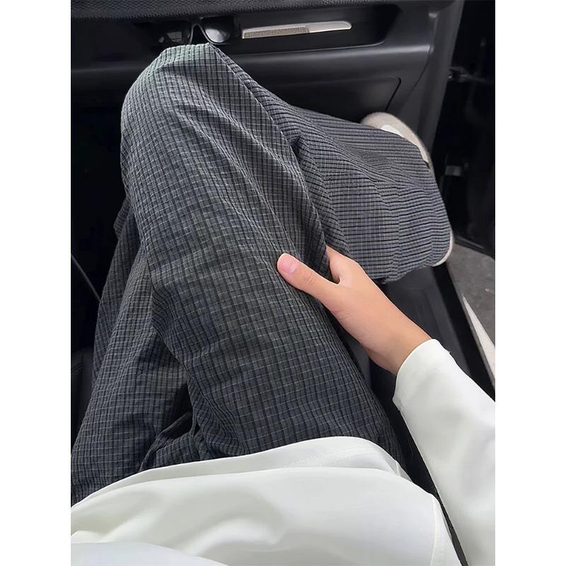 Black Seersucker Plaid Scimitar Pants Men's Summer Old Money Style High Waist Thin Pants Straight Loose Drape Casual Pants