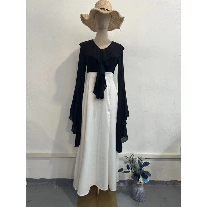 

Европейское и американское длинное платье-футляр с рукавами-лепестками лотоса, милое лоскутное, приталенное, платье для сна с рукавами-лепестками лотоса Black + White XL