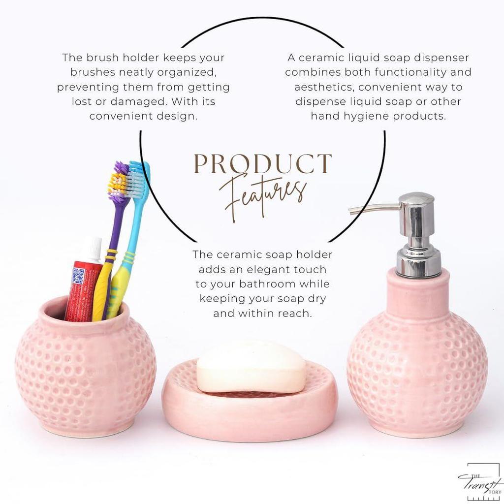 Ceramic Bathroom Accessories Set of 3 | Modern Luxury Bath Set with 300ml Soap Dispenser, Toothbrush Holder & Soap Dish | Home Decor Items