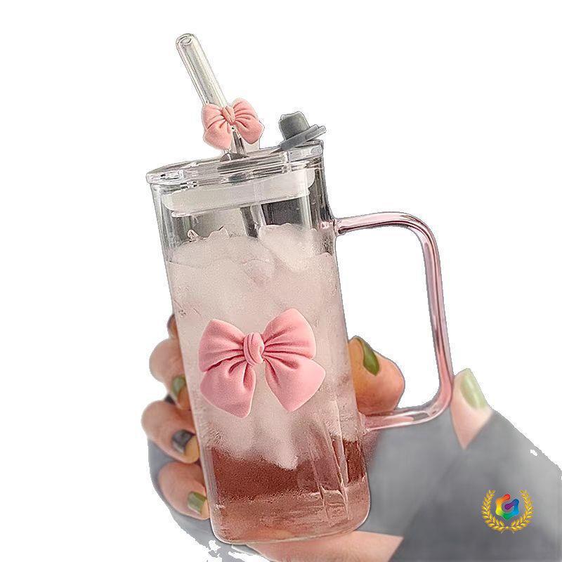 2024 Stylish Heat-Resistant Girls' Glass Water Cup with Straw & Handle for Office Tea Brewing
