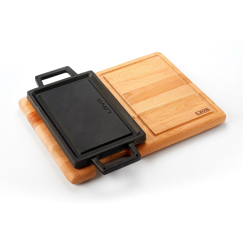 Lava Cast Iron Rectangle Hot Plate Griddles. With Wooden Platter 22X15cm.