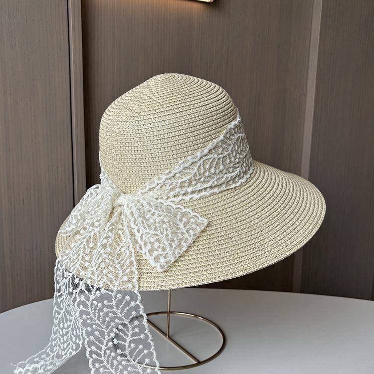 Lace Bow Straw Woven Fisherman's Hat Women Summer Travel Sun Protection Sun Hat Seaside Beach Hat Straw Hat