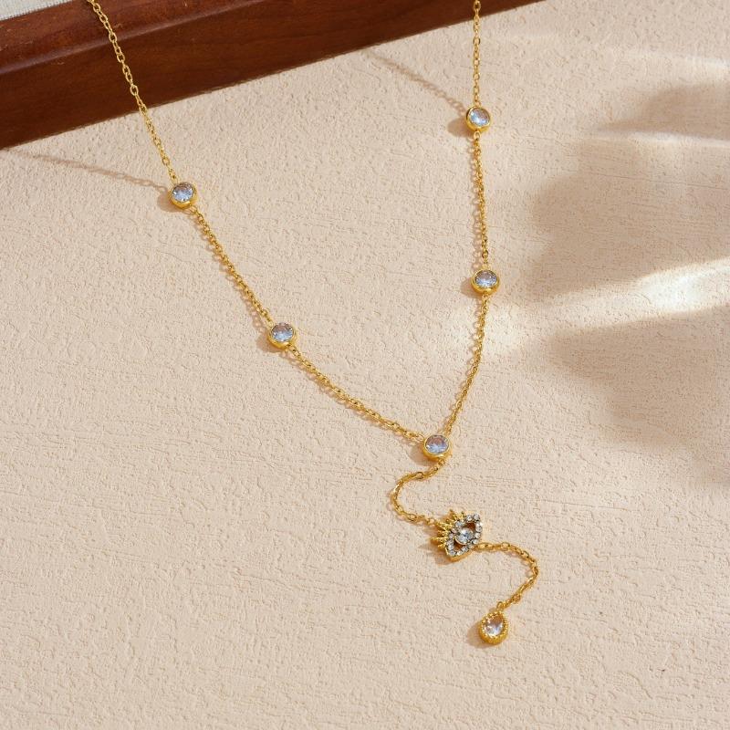 Gold Sun Charm Y-drop Necklace with Crystal Accents