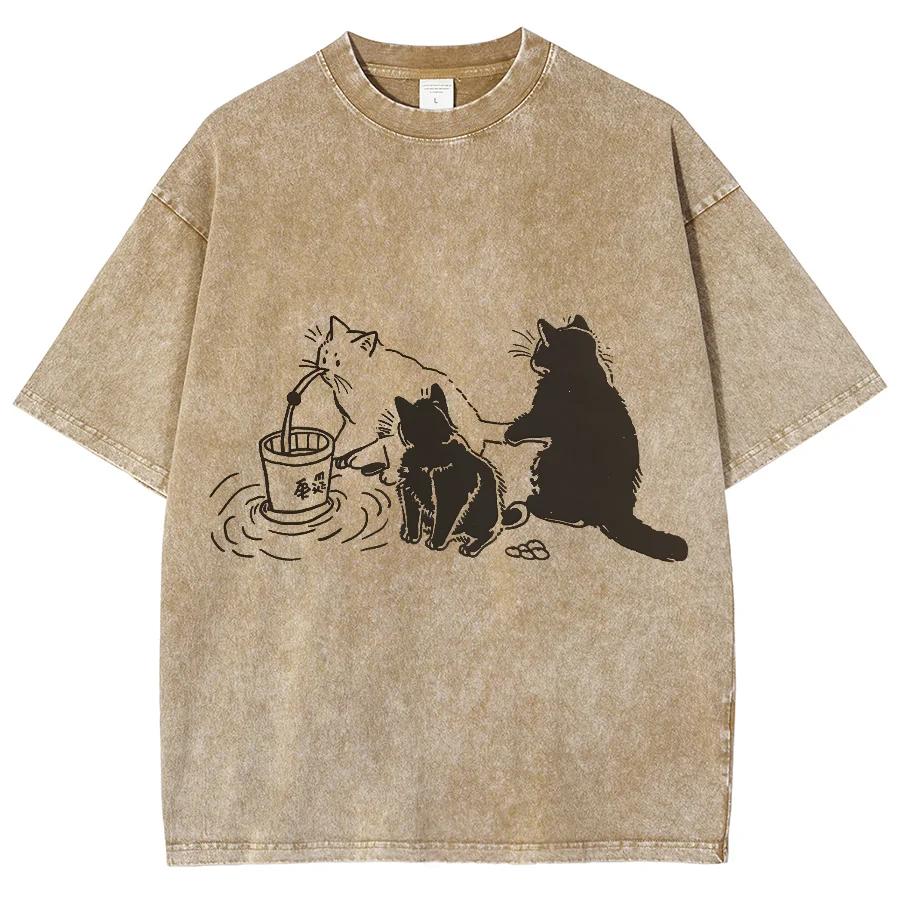 Cotton Washed Denim T-shirt Women Hawaii Summer Cats Print Tees Casual Soft Short Sleeve Clothes Vintage