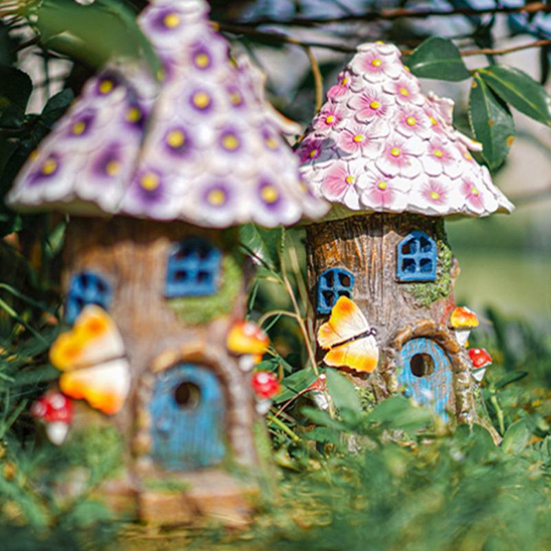 Fairy Garden House Solar Outdoor Statue Light Up Resin Cute Mini Mushroom Figurines Lawn Decorations For Yard Miniature House