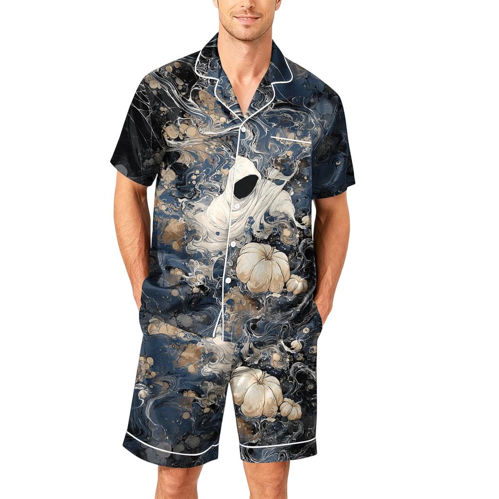 Men's Short Sleeve Pajama Set Button Down Shirt with Curved Hem and Matching Shorts Soft Casual Lounge Sleepwear S To XXXXL