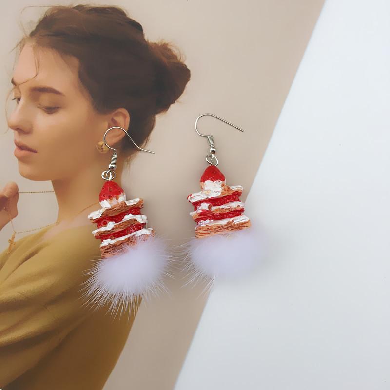 Harajuku Cute Plaid Bow & Mink Fur Ball Earrings with Strawberry Cake Dangles