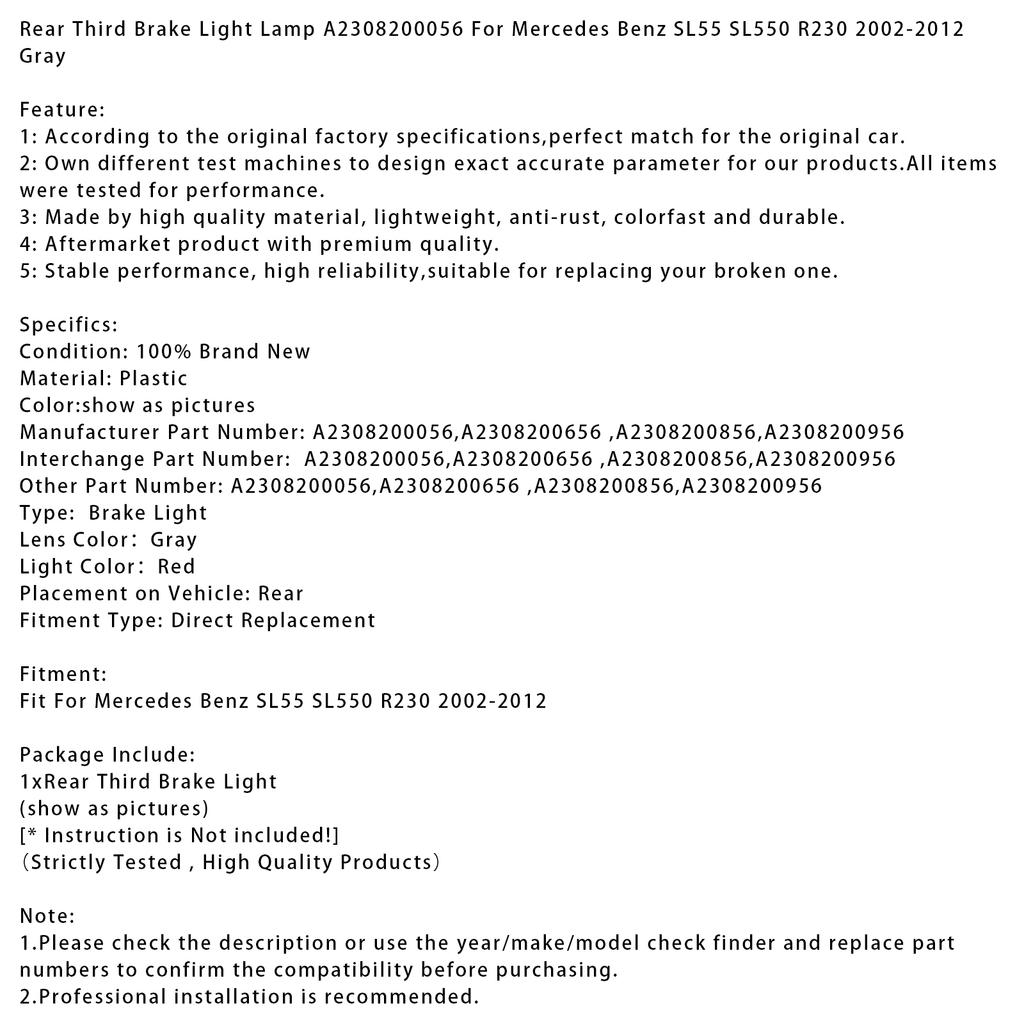 Rear Third Brake Light Lamp For Mercedes Benz SL55 SL550 R230 2002-2012 Gray