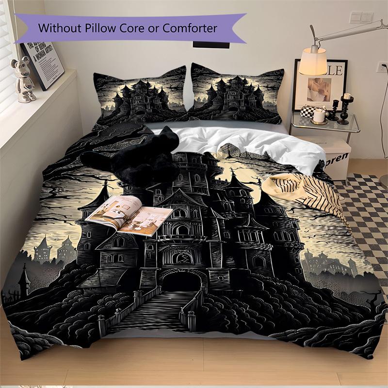 3pcs Castle Night Bedding Set, Includes 1 Comforter + 2 Pillowcases, Without Pillow Inserts, Soft Comfortable, Lightweight Breathable, Print