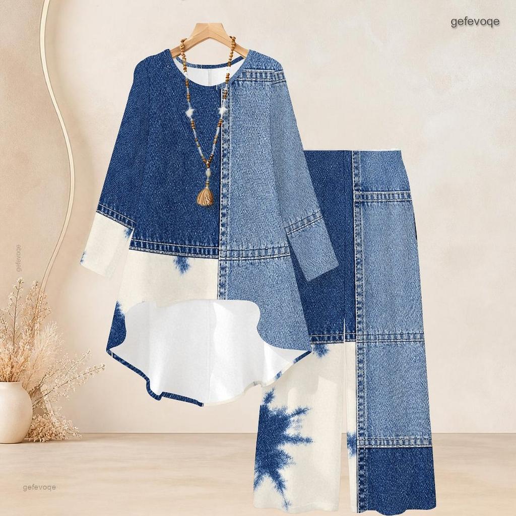 Women Plus Size Round Neck Long Sleeve Green Printed High Low Top Wide Leg Pants Two Piece Set