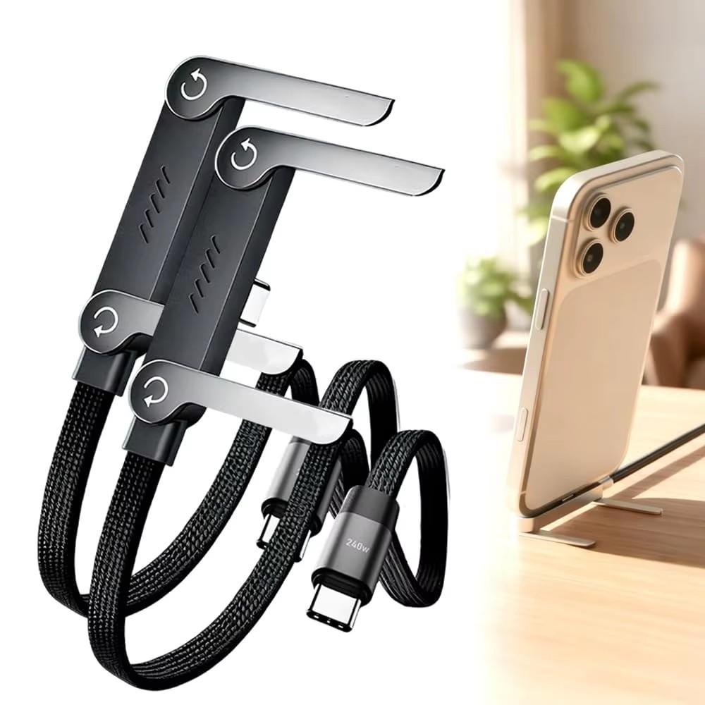2 In 1 Cable PD240W Type C To Type C Fast Charging Foldable Bracket Cable Built-in Desktop Holder Wire For iPhone Samsung Xiaomi