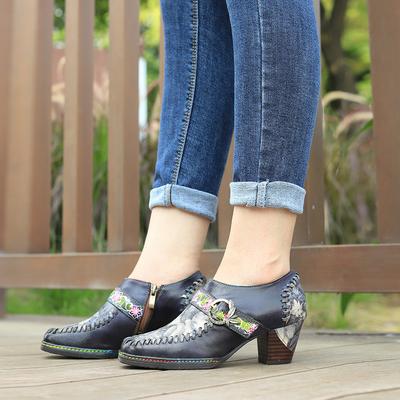 Genuine Leather Patchwork High Heels Retro Embossed Hand-painted Pumps Versatile Women's Shoes