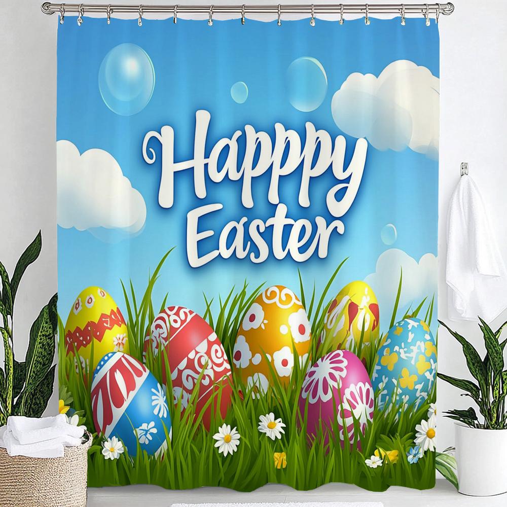 Cute Bunny Shower Curtain, Floral Colorful Eggs Wooden Plank Bowknot Bathroom Decorative Curtain, Waterproof Shower Curtain