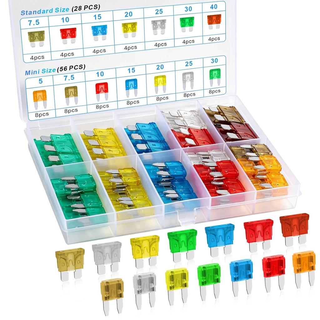 84PCS Car Fuses Assortment Kit, Standard & Mini Fuse 5A-40A | Upgraded Blade Fuses Automotive, Mixed Auto Replacement Fuses for Auto, RV, Truck,