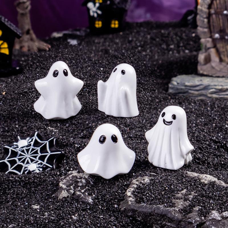 Halloween White Ghost Ornaments DIY Resin Craft Decor, Cute Miniature Statue for Home Tabletop, Spooky Party Decoration