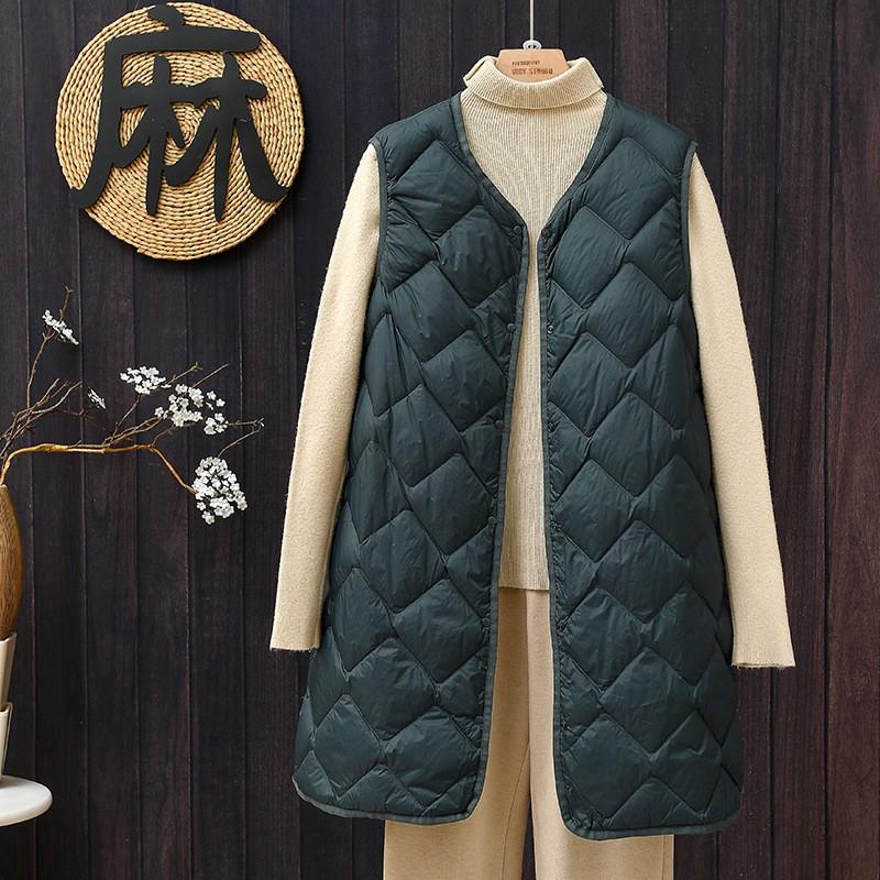 Womens Lightweight Down Vest Mid-Length V-Neck Sleeveless Puffer Waistcoat Winter Layering