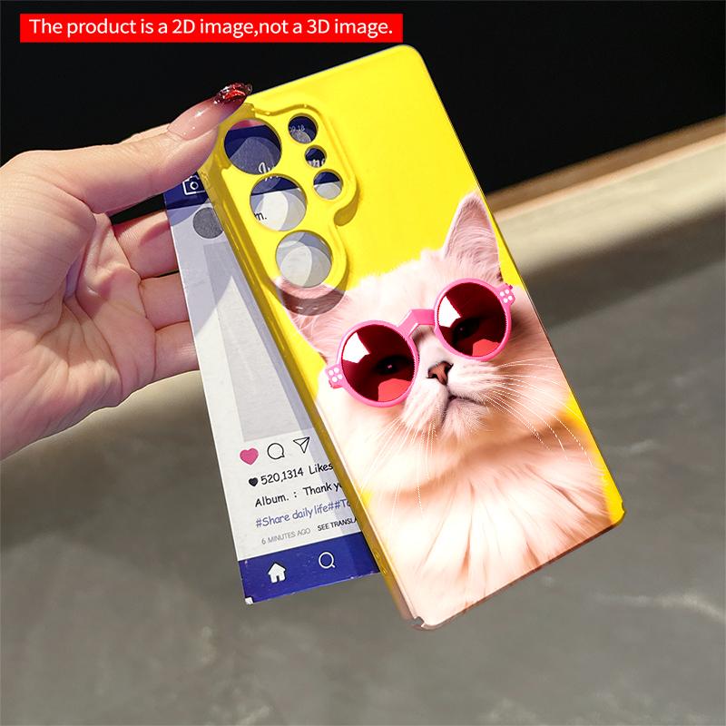 2DFlat Samsung phone case Pink Sunglasses Cat on Yellow Background Applicable to Galaxy S22 S23 S24 S25ULTRA S26 A12 A13 A14 A15 A16