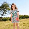 European Style Girls' Summer Dresses with Cartoon Embroidery, Off-the-Shoulder Striped Princess Skirts