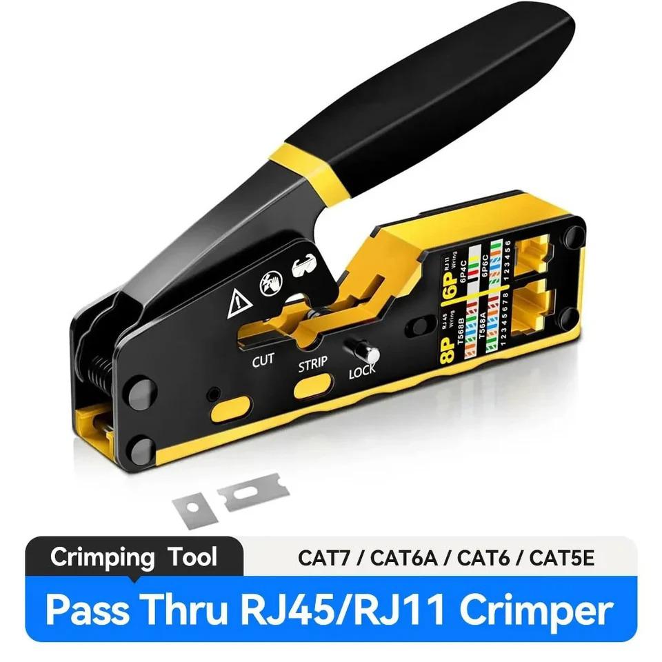 RJ45 Crimping Tool Pass CAT7 Through Ethernet for Cat6 Cat5 Cat5e Network Connector Wire Cutter Wire Stripper Ethernet Crimper