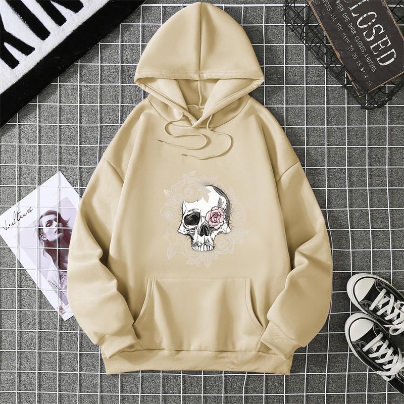 Autumn Winter Couple Style Sunflower Skull Print Hoodie Men Women Casual Simple Top Streetwear Sleeve Decorated Hoodie