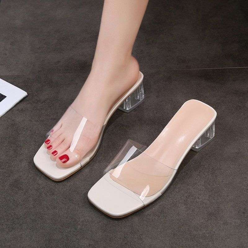 Fairy cool slippers female summer 2025 new fashion outer wear square head thick heel medium heel temperament one word high heel sandals tide