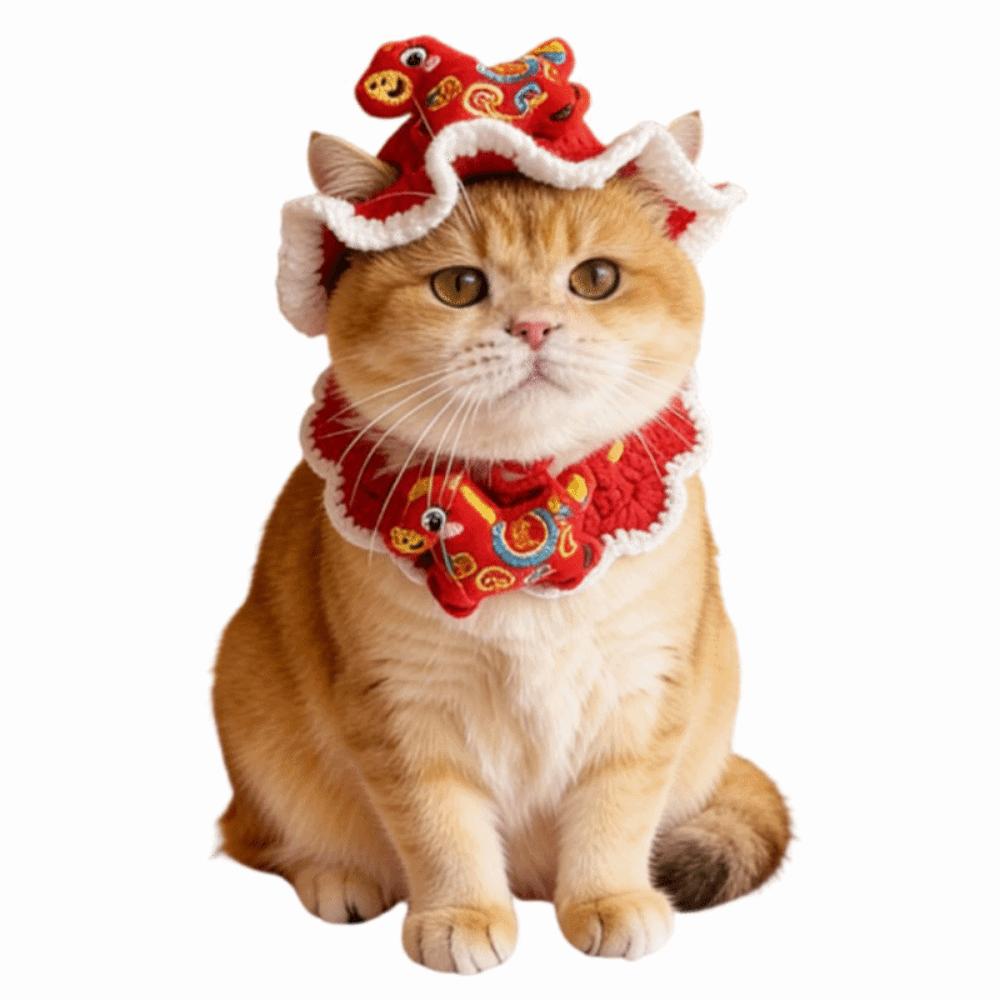Red Chinese Style Pet Scarf Cartoon New Year Cat Headwear Winter Dog Cap Cat Collar  Pet Costume