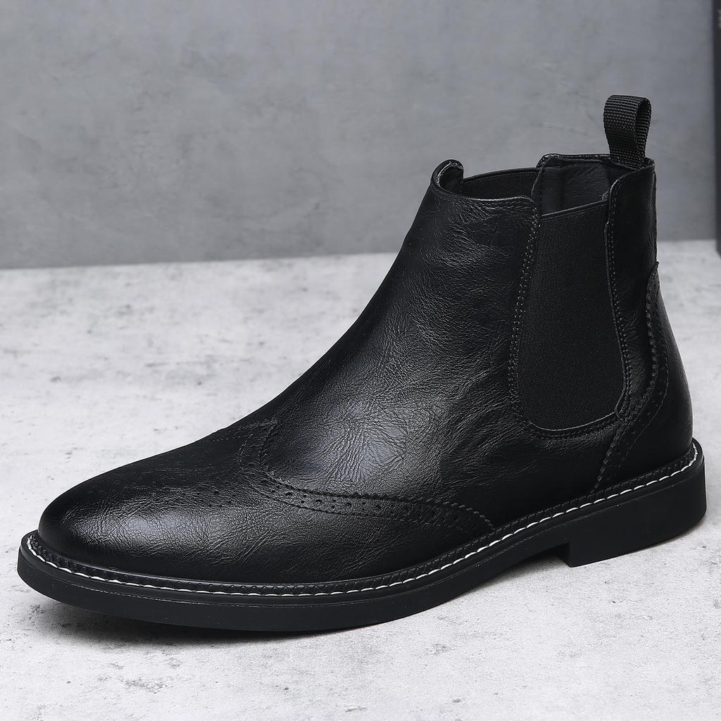 Brock Engraved Men's Boots Leather Casual Chelsea Boots Men's Trend Martin Boots Retro British Velvet Cotton Boots