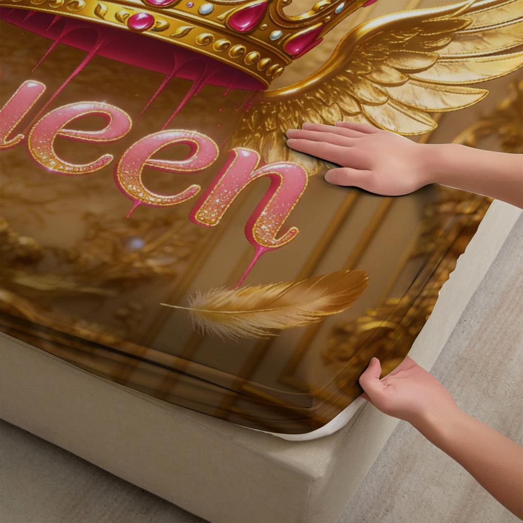 Queen Crown Wings Fitted Sheet Set Gold Pink Royal Crown And Wings Print With Queen Text Bedroom Decor