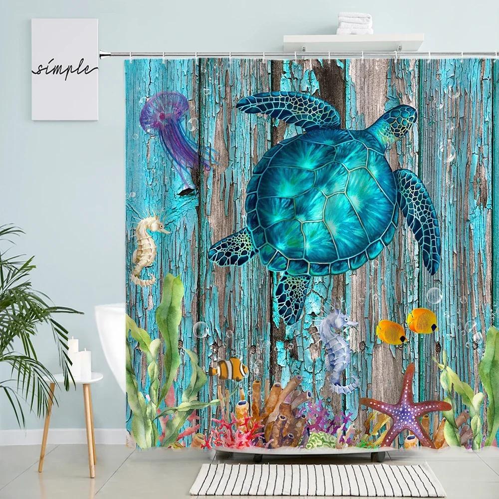 

Creative Diving Dog Shower Curtain Starfish Coral Water Grass Fish Sea Turtle Bath Curtains Marine Animals Bathroom Decor Sets W60H190(CM)-1 Pcs