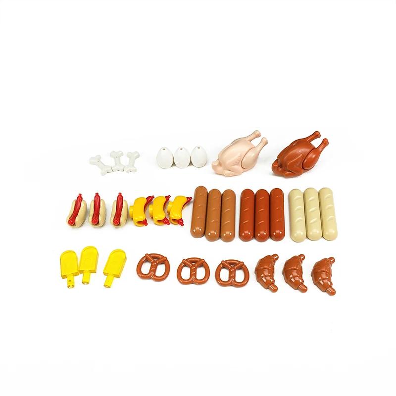 Food Brick Playset City Series Friend Accessory Parts Bread Chips Roast Chicken Pizza Hot Dog Fish Fruit Carrot Basket Classic DIY Block Bricks