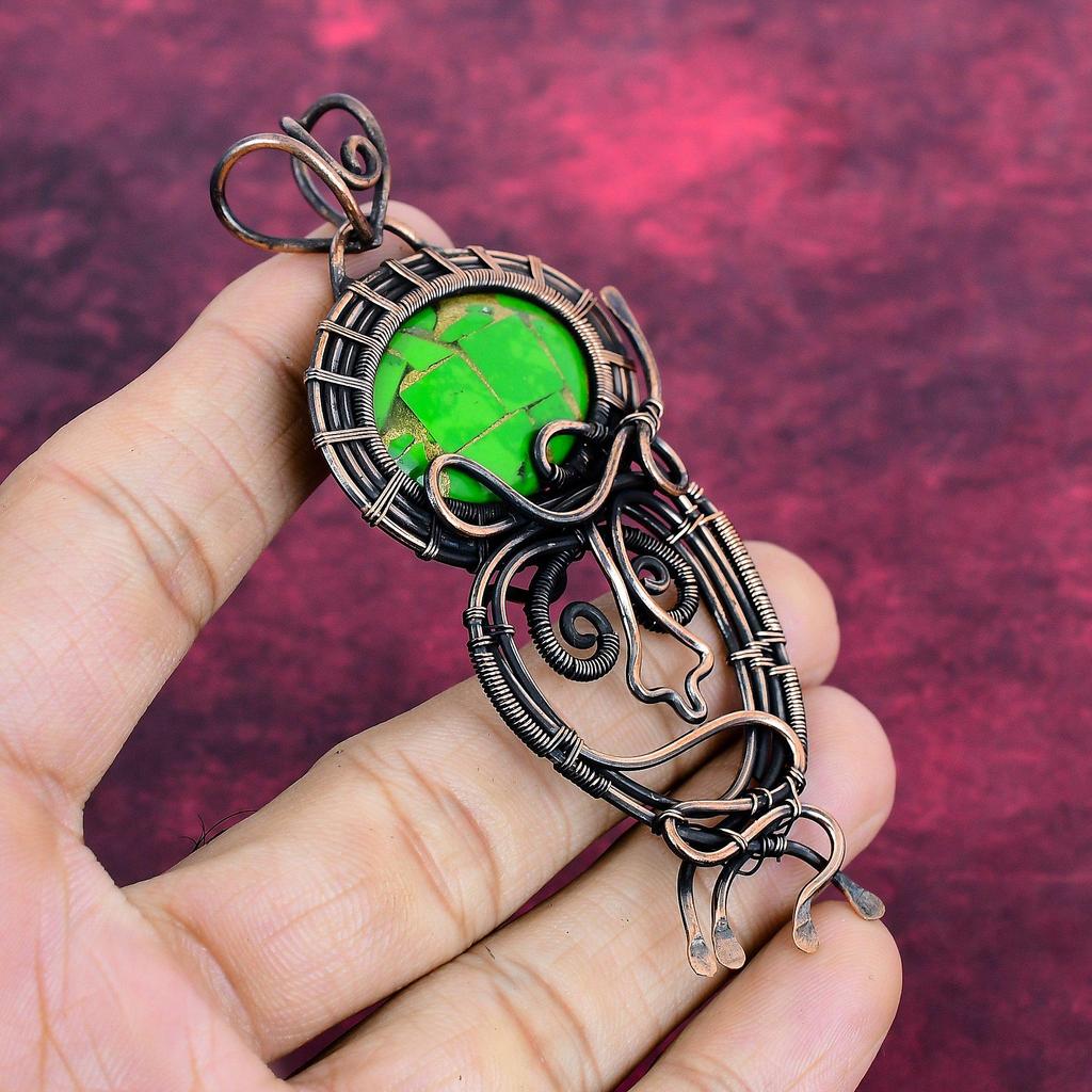 Copper Green Turquoise Pendant Copper Wire Wrapped Jewelry Real Gemstone Pendant