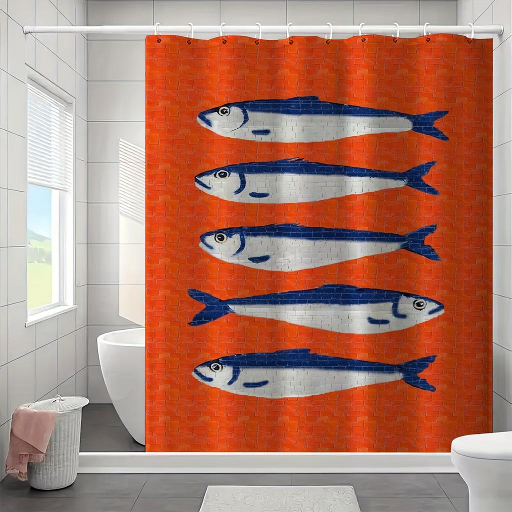 Lebhaftes Orange & Blau 1 Stück Hochwertiger Polyester-Duschvorhang Mit 3 Cartoon-Fisch-Design | Maschinenwaschbar