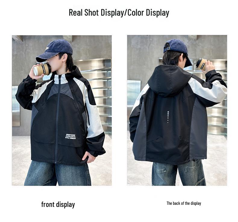 Boys' Spring & Autumn 2025 Hooded Windbreaker - Trendy Windproof Street Style