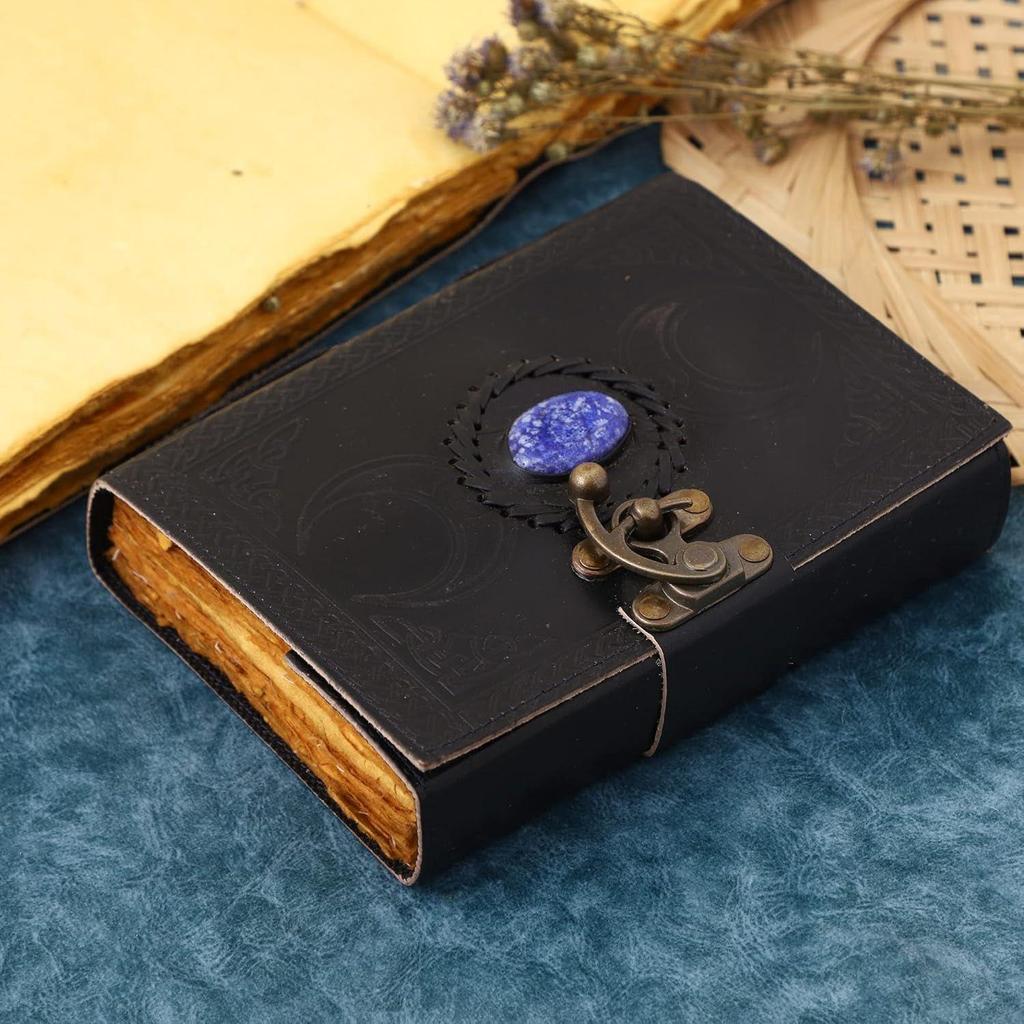 Handmade Black Leather Triple Moon with Blue Stone Journal Unlined Paper Dairy