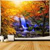 Colorful Autumn Forest Tapestry Waterfall and Orange Trees Scene Water Resistant Fabric Seasonal Nature Theme Wall Hanging