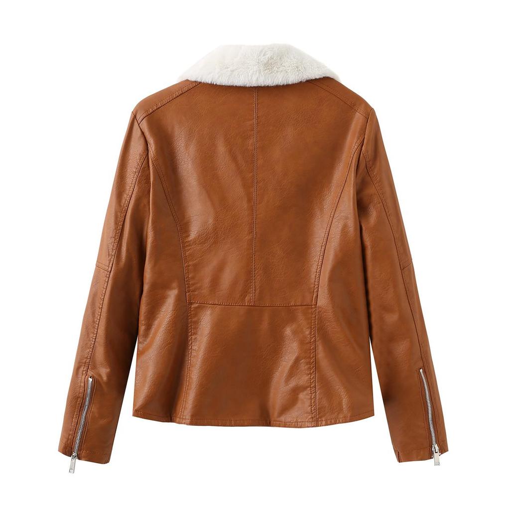 Kadın Ceketleri Suni Deri Kırpılmış Yaka Yaka Flanel Astarlı Sıcak Kısa Ceket PU Bombacı Moto Biker Kıyafetler Kış Sonbahar Moda Dış Giyim