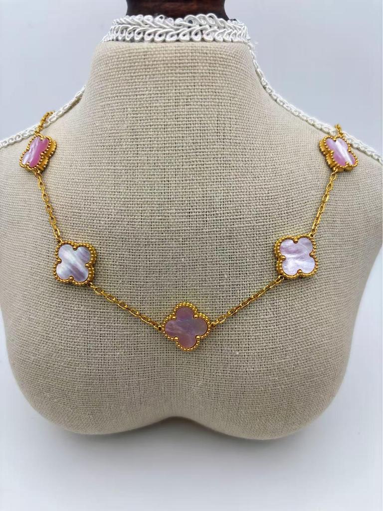 Four-Leaf Clover Titanium Steel Necklace with Natural Mother-of-Pearl