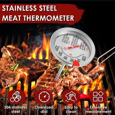 2Pcs Meat Thermometer Stainless Steel Food Thermometer with 6.3cm Extra Large Dial Heat-resistant Waterproof Cooking Thermometer