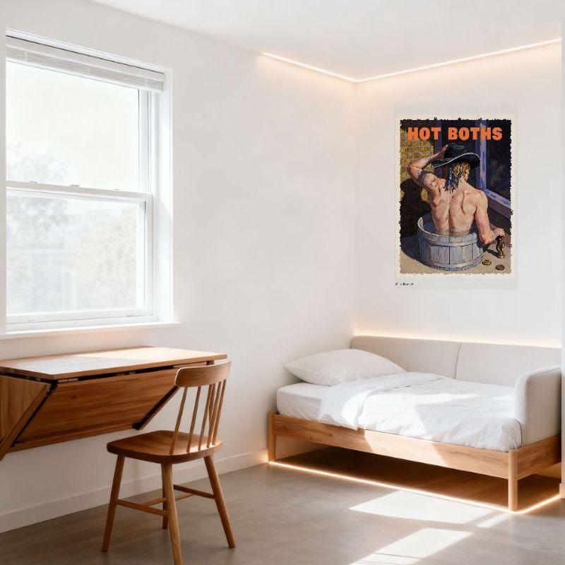 Sexy Shirtless Man with Blue Braids & Tattoos In Wooden Barrel Hot Tub - Retro Vintage Style Tin Sign for Wall Decor