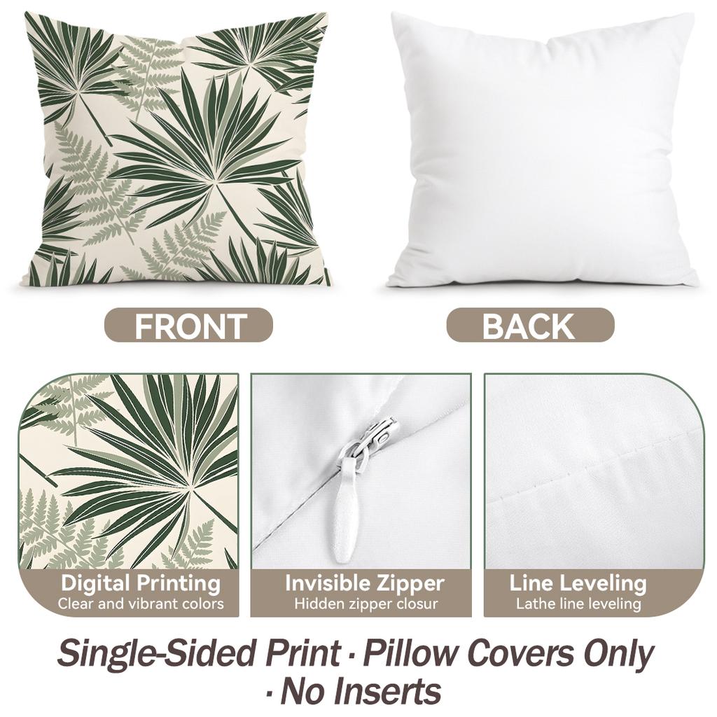 4 Pcs Retro Green Monstera & Palm Leaf Design Single-Sided Printed Pillowcase Cushion Cover For Living Room, Bedroom, Car