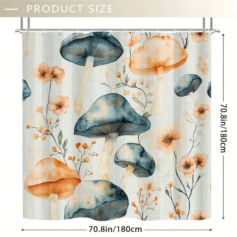 1pc Polyester Shower Curtain - Pastel Teal Mushrooms, 71x71 Inch, Cartoon Pattern, 12 Hooks, Hand Wash, Summer Bathroom Decor