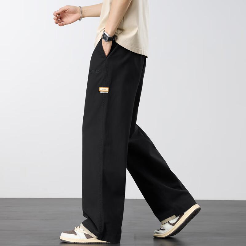 Homlean Men's Casual Cotton Straight-Leg Pants Autumn Winter Loose Wide-Leg Trousers Trendy Versatile HZ27 Black XL