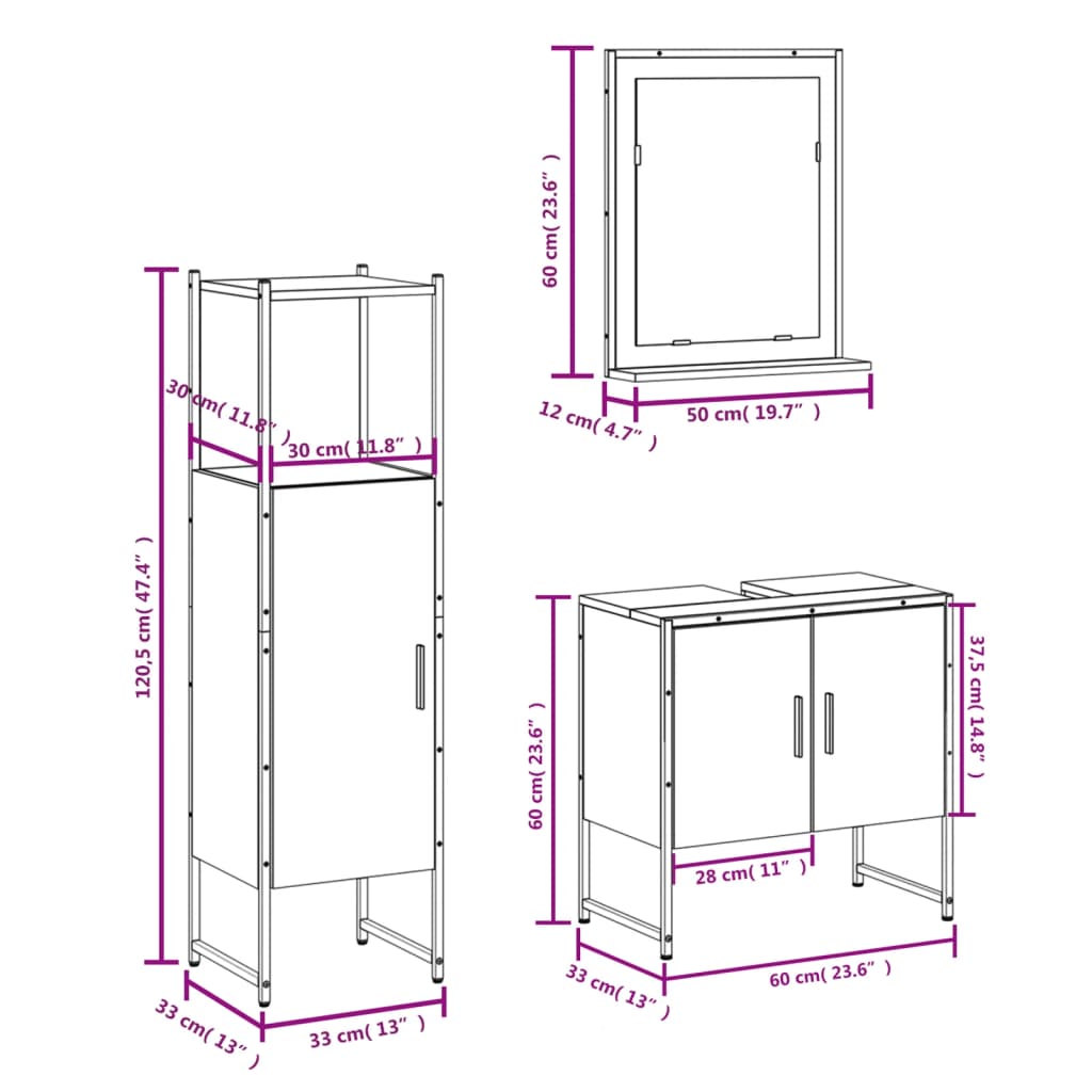 3 Piece Bathroom Furniture Set Grey Sonoma Particleboard